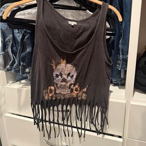 Kirra Black Skull Fringe Tank Top